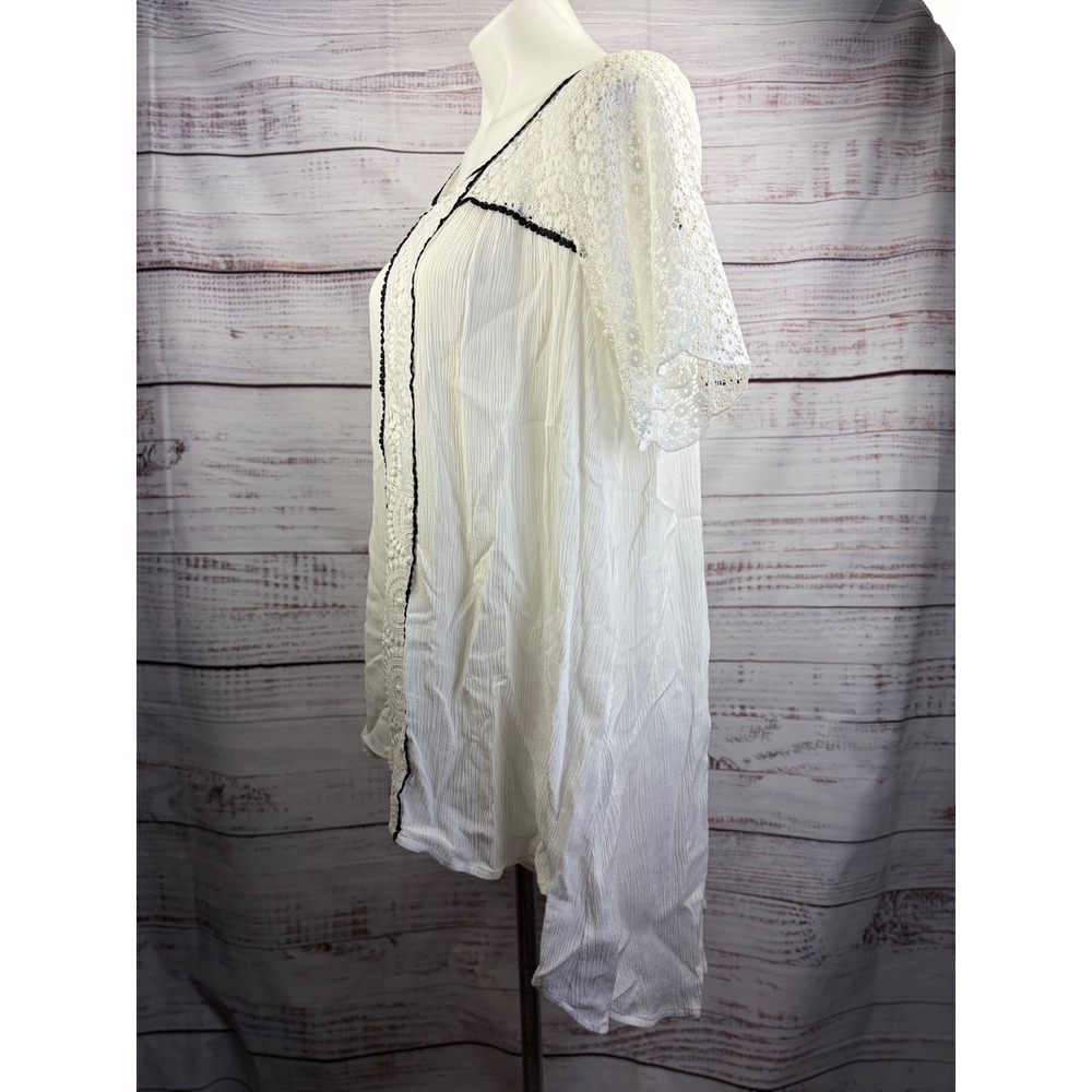 Sundance Ivory Lace Boho embellished Tunic Top Short Sleeve Black Pom Trim Large - Picture 3 of 8